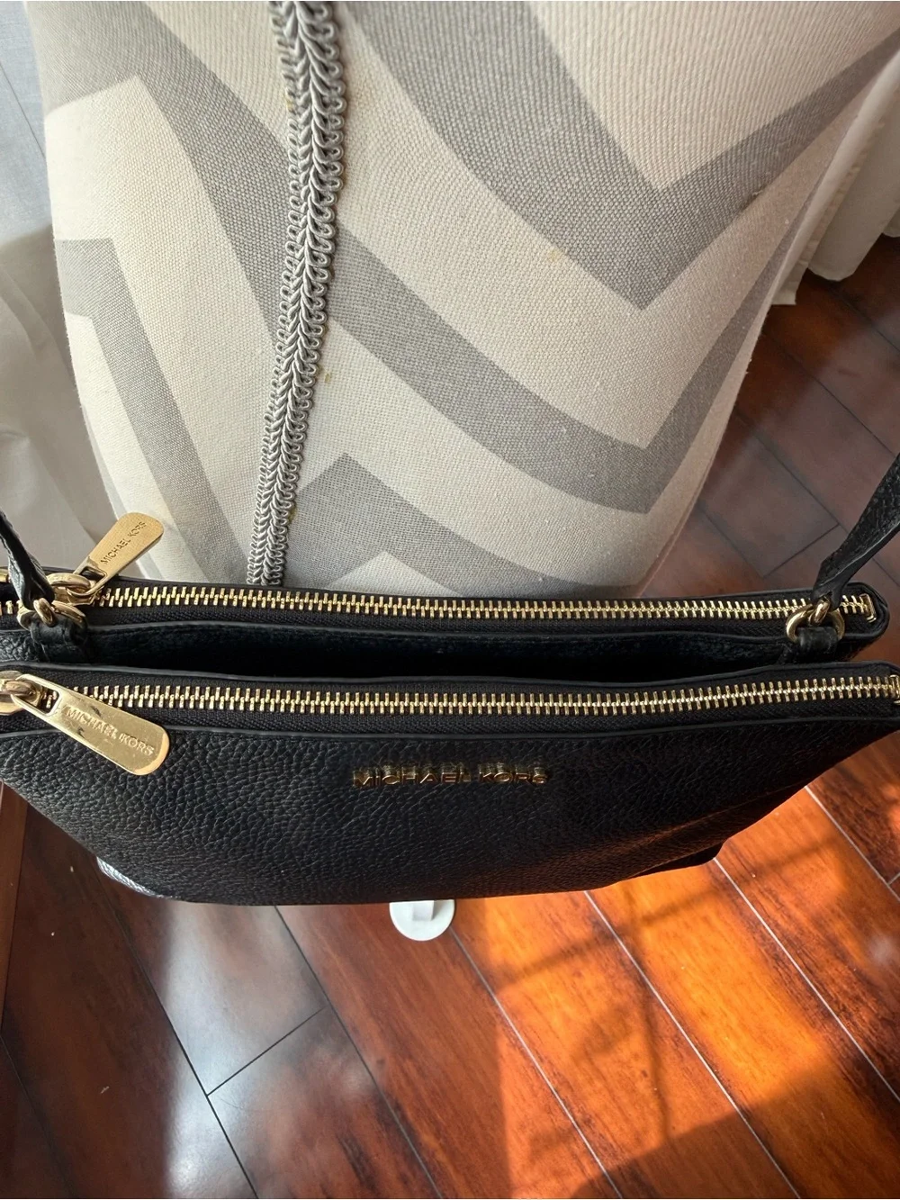 Michael Kors Black Pebbled Leather Double-Pouch Crossbody with Gold Logo